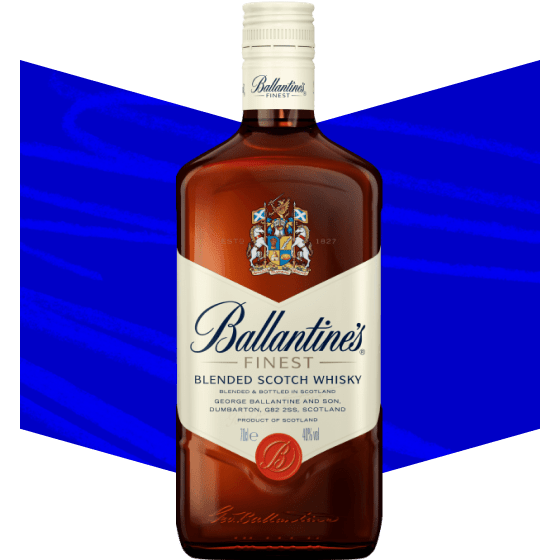 A bottle of Ballantine's whisky against a blue background.