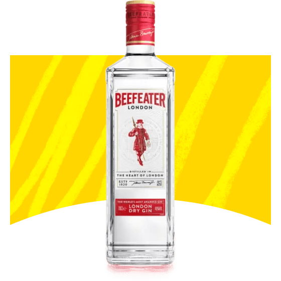 A bottle of Beefeater gin against a yellow background.