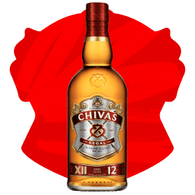 A bottle of Chivas Regal against a red background.