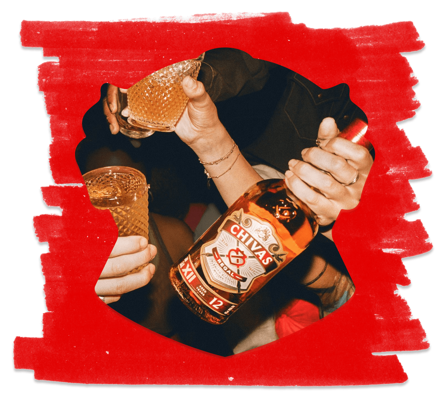 A bottle of Chivas Regal and hands holding whisky glasses against a red textured background.