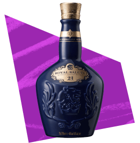 A bottle of Royal Salute against a purple background.