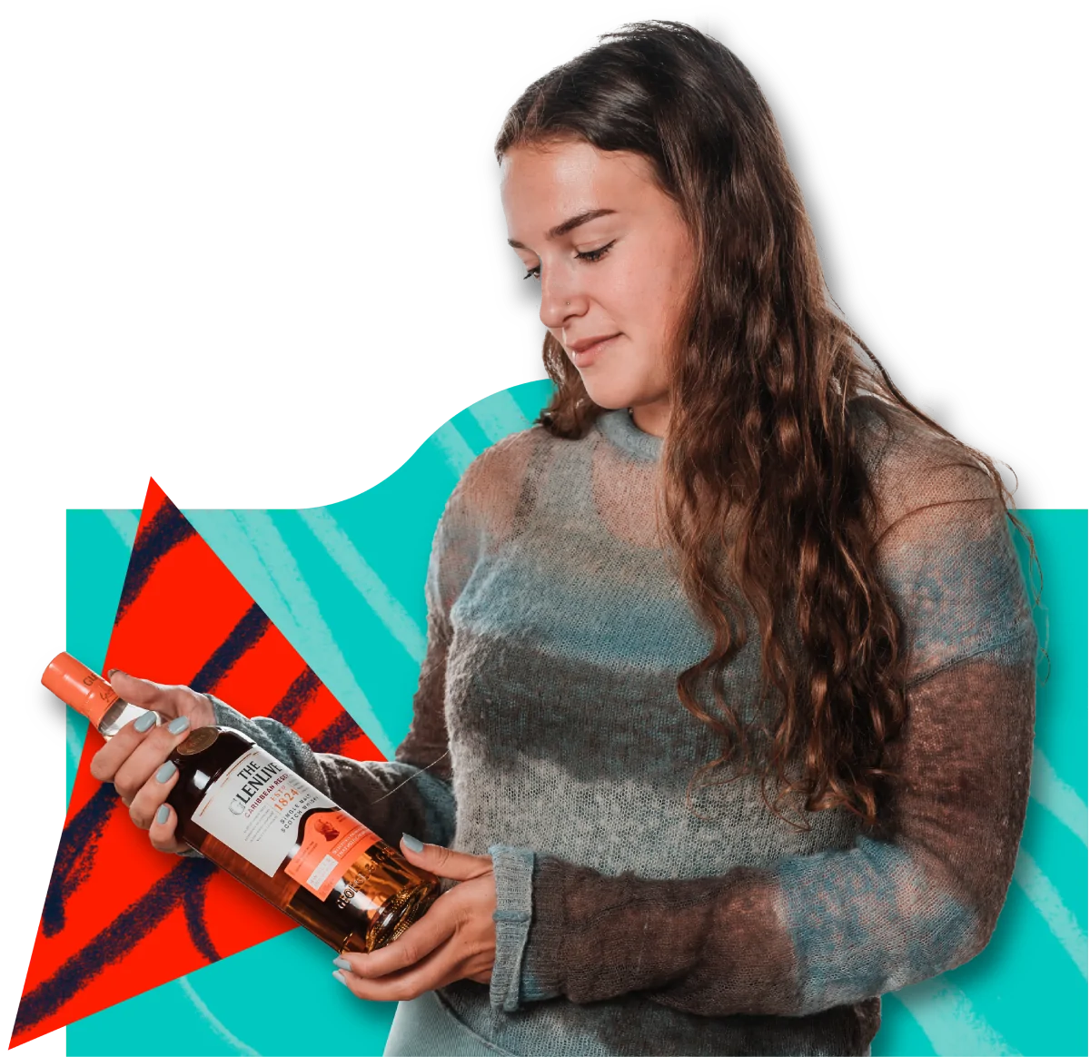 A member of the Chivas team holds a bottle of The Glenlivet against a turquoise background.