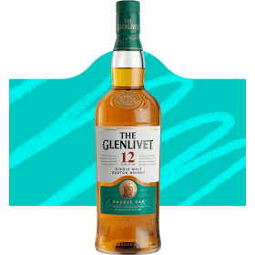 A bottle of the Glenlivet against a turquoise background.